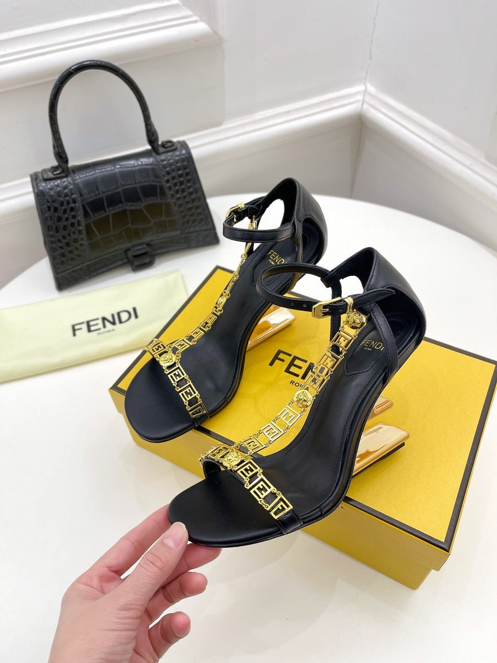 FENDI HIGH-HEELED 85 MM SANDALS IN BLACK LAMBSKIN WITH GOLD HARDWARE