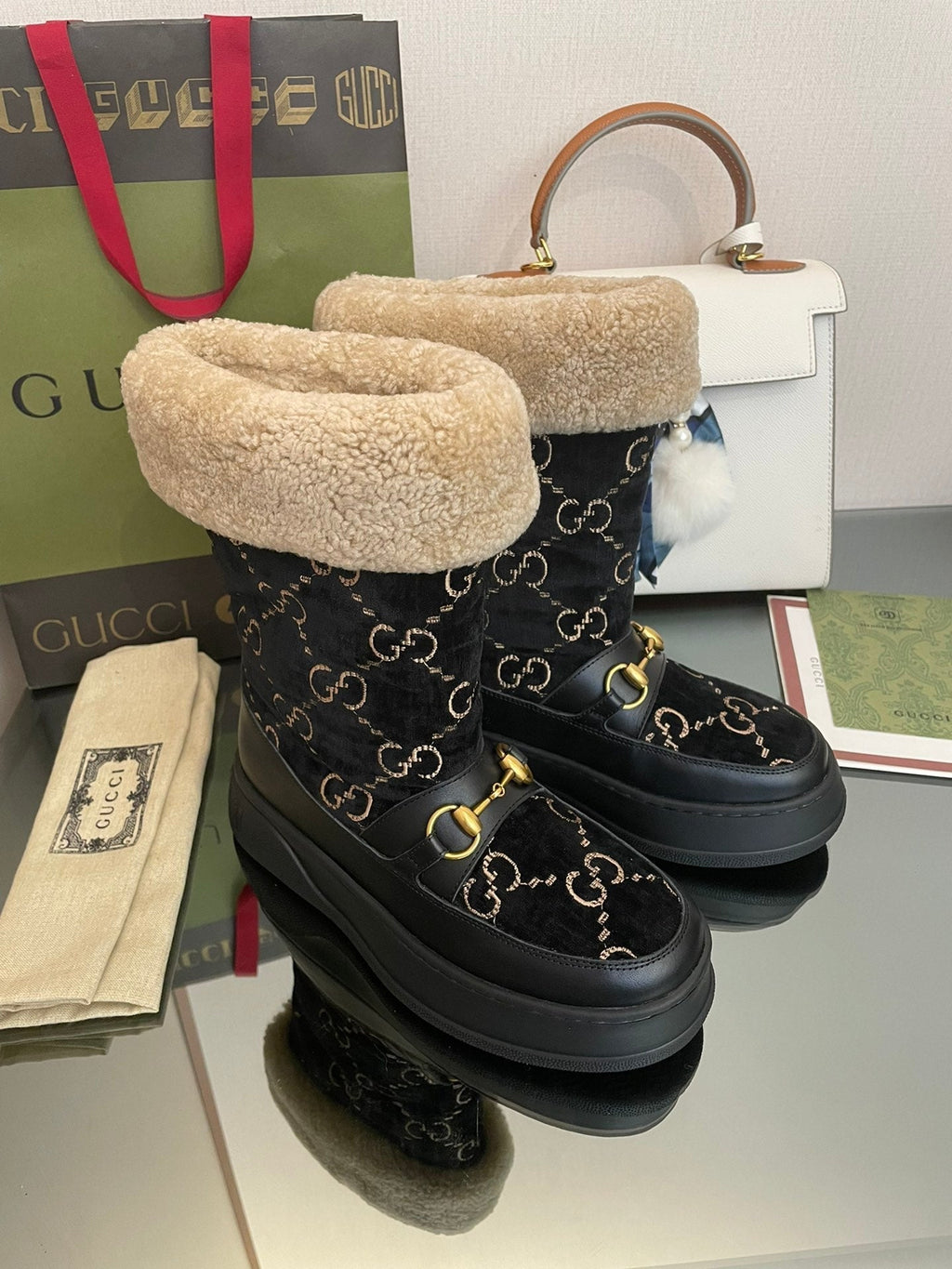 HORSEBIT SNOW ANKLE BOOTS IN BLACK MONOGRAM VELVET MIX CALFSKIN AND LAMB WOOL LINING