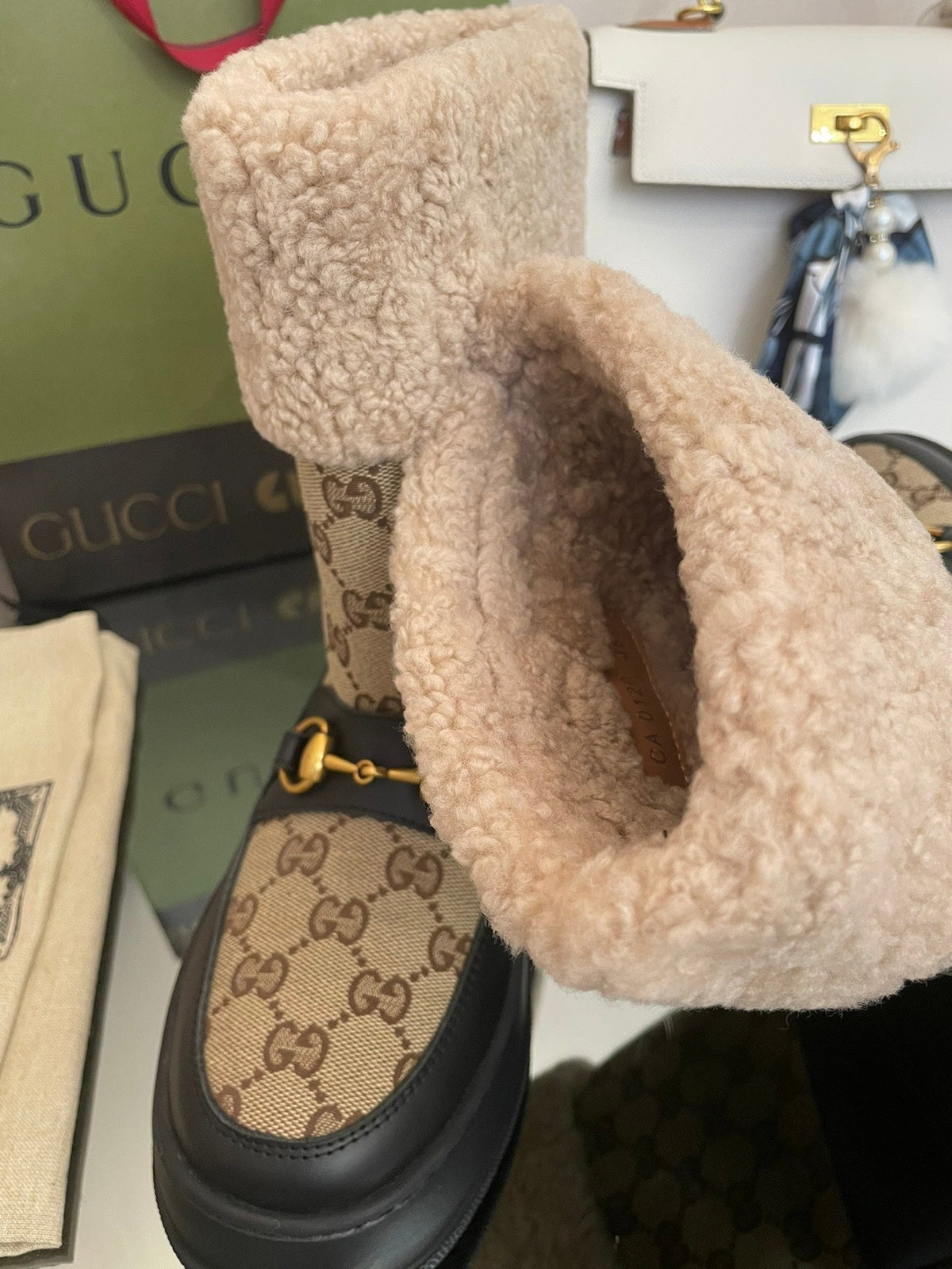 HORSEBIT SNOW ANKLE BOOTS IN ECRU BEIGE MONOGRAM JACQUARD FABRIC MIX BLACK CALFSKIN AND LAMB WOOL LINING