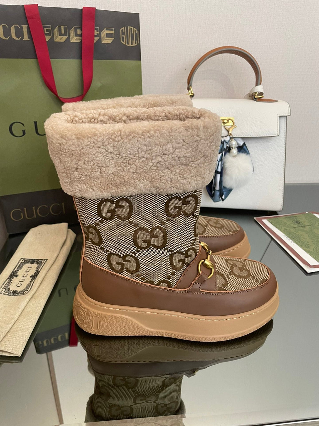 HORSEBIT SNOW ANKLE BOOTS IN ECRU BEIGE MONOGRAM JACQUARD FABRIC MIX BROWN CALFSKIN AND LAMB WOOL LINING