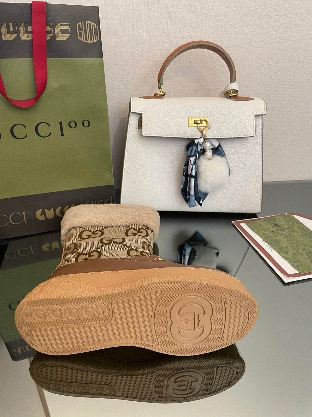 HORSEBIT SNOW ANKLE BOOTS IN ECRU BEIGE MONOGRAM JACQUARD FABRIC MIX BROWN CALFSKIN AND LAMB WOOL LINING