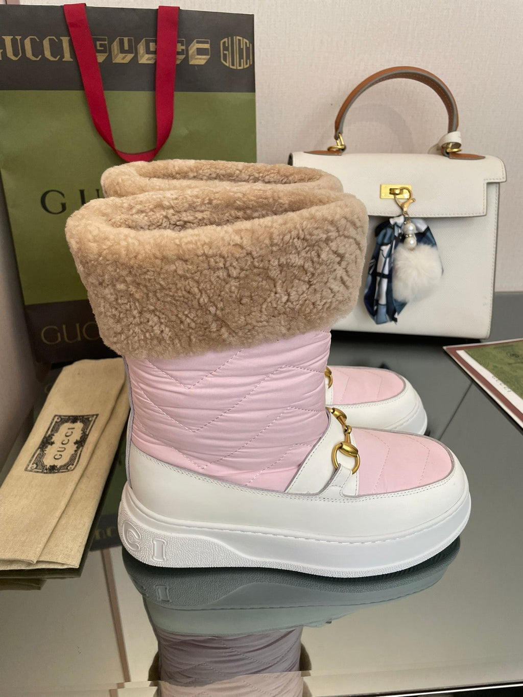 HORSEBIT ANKLE BOOTS WITH MERINO TRIM IN LIGHT PINK NYLON MIX WHITE CALFSKIN