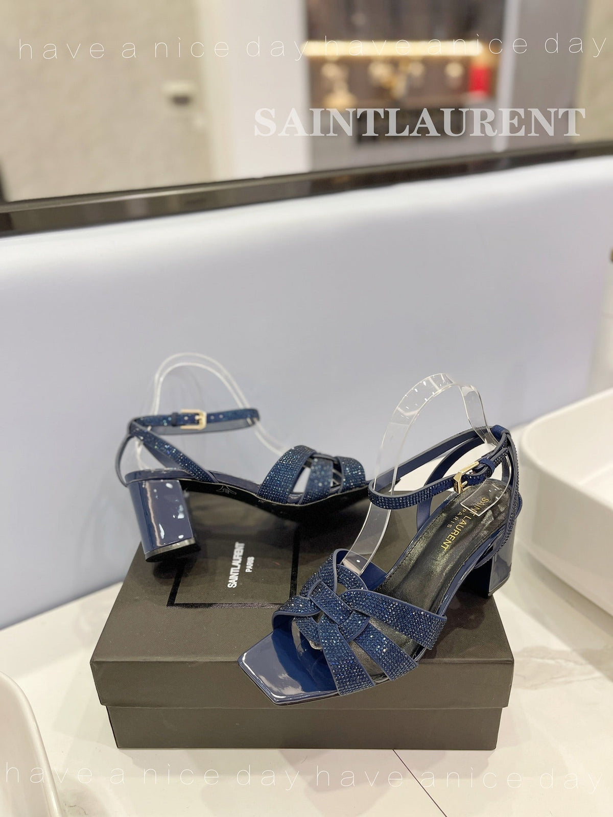 SL TRIBUTE CRYSTAL SANDALS GLOSSY NAVY CALFSKIN