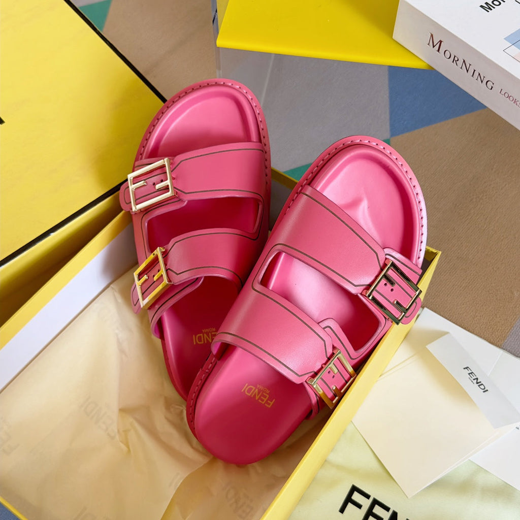 FENDI BAGUETTE DAD SANDALS IN PUNCH PINK CALFSKIN
