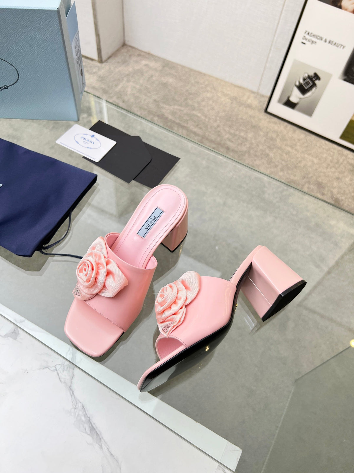 PRA FLOWER BLOCK HEELS 75 LIGHT PINK CALFSKIN