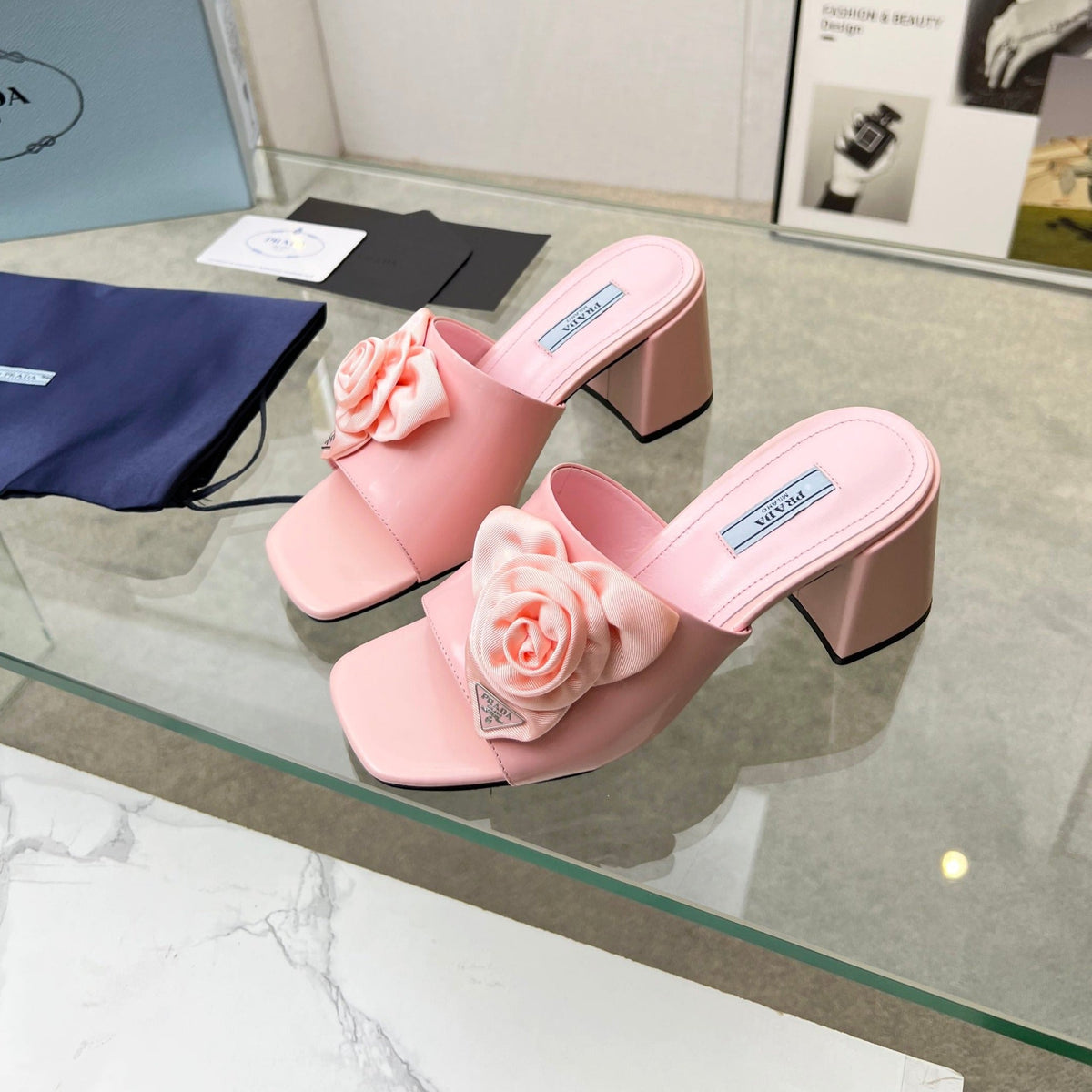 PRA FLOWER BLOCK HEELS 75 LIGHT PINK CALFSKIN