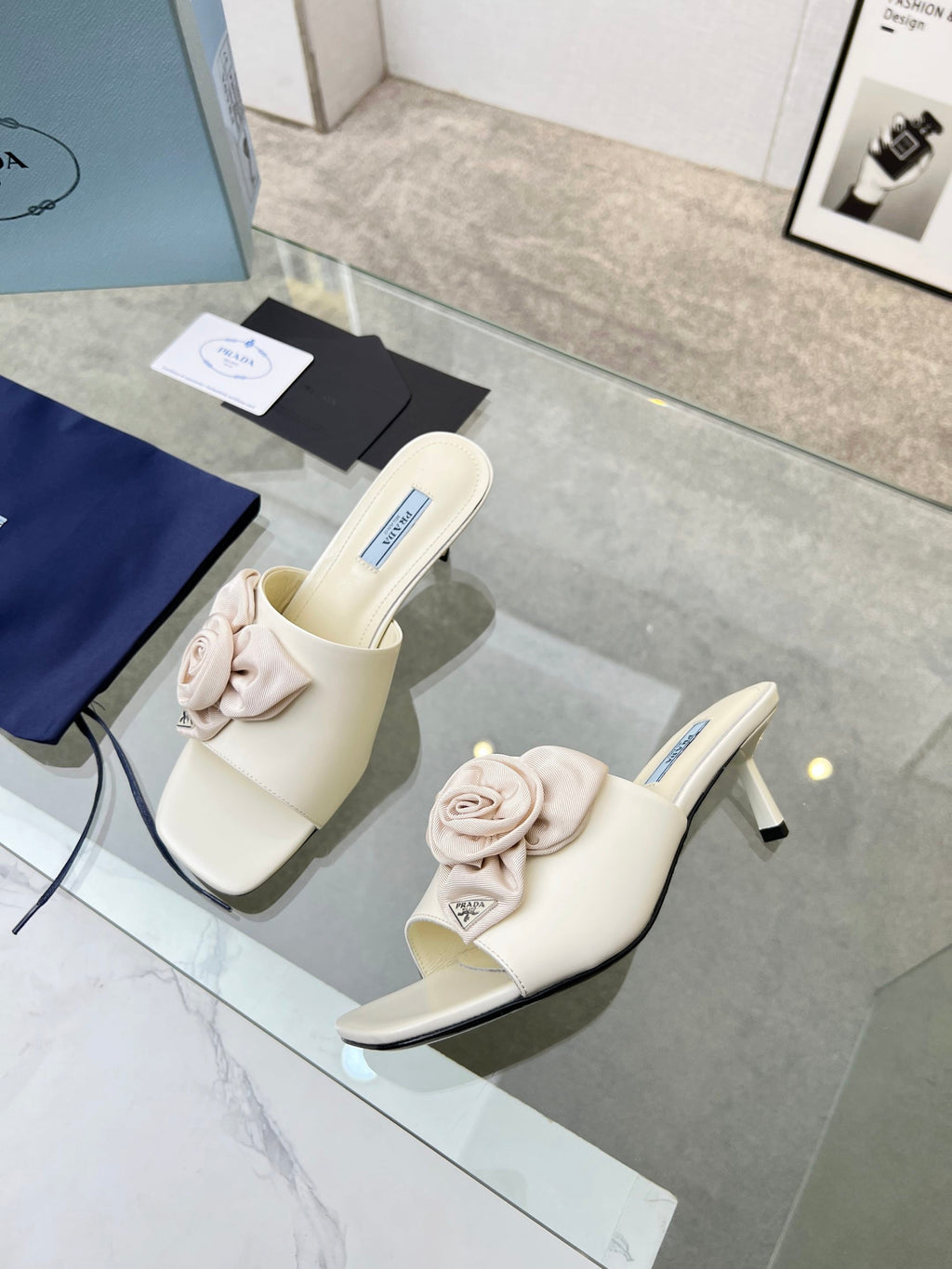 PRA FLOWER POINTED HEELS 55 IVORY CALFSKIN