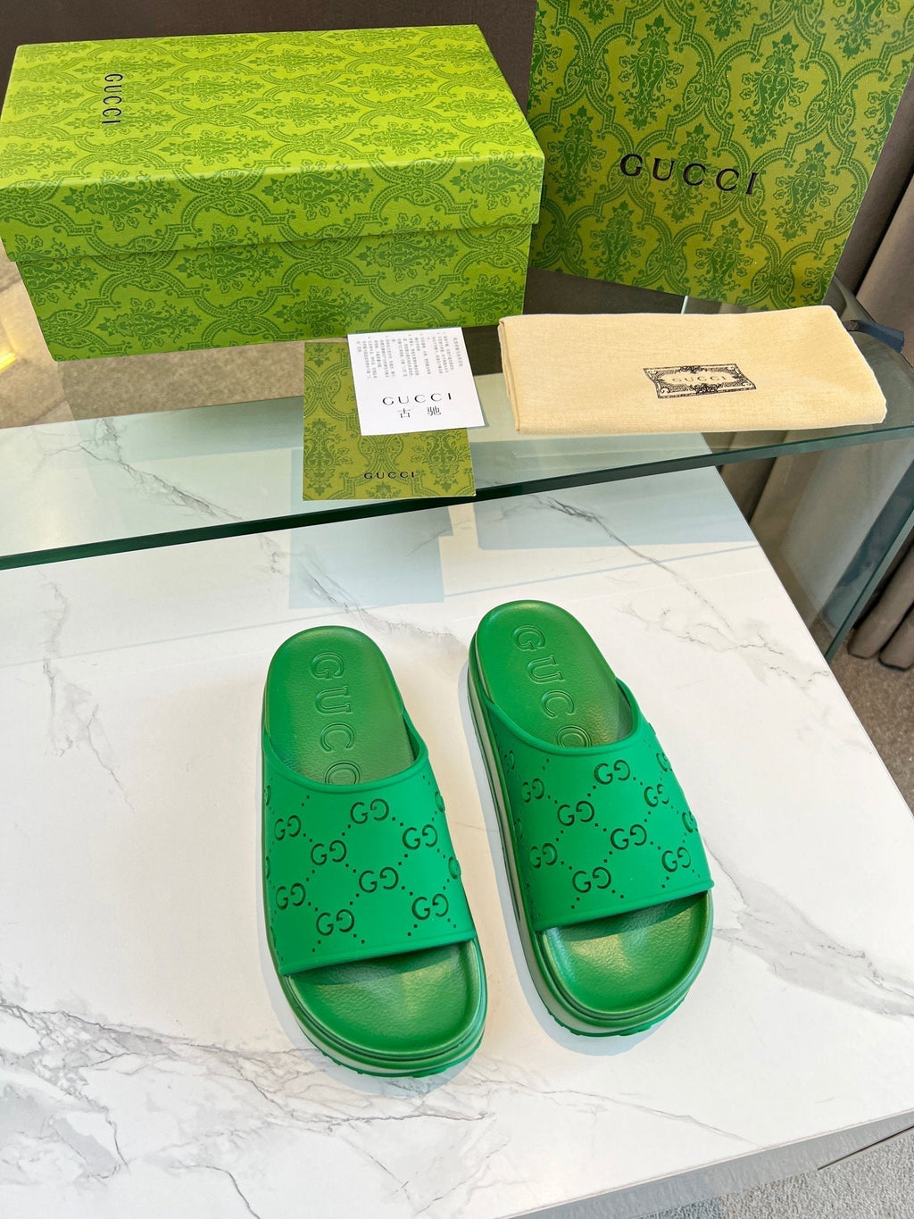 PLATFORM SANDALS IN EMERALD GREEN MONOGRAM IMPORTED TPU