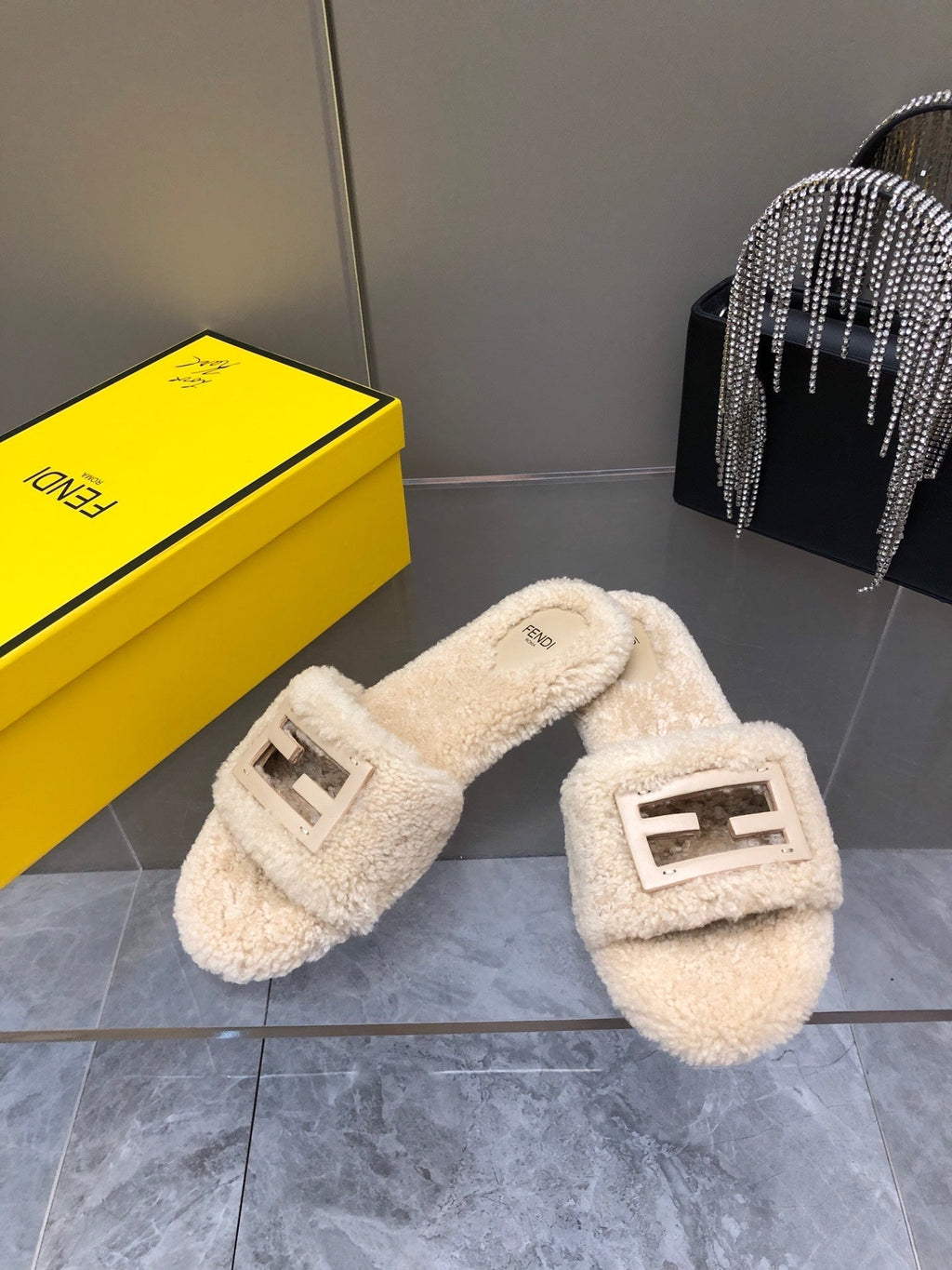 FENDI BAGUETTE SLIDE SLIPPERS IN BEIGE WOOL