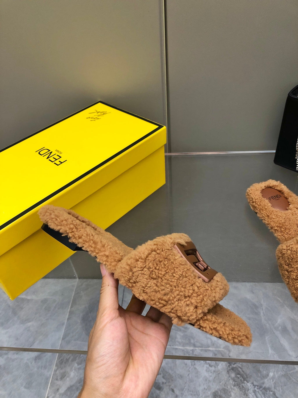 FENDI BAGUETTE SLIDE SLIPPERS IN CINNAMON BROWN WOOL
