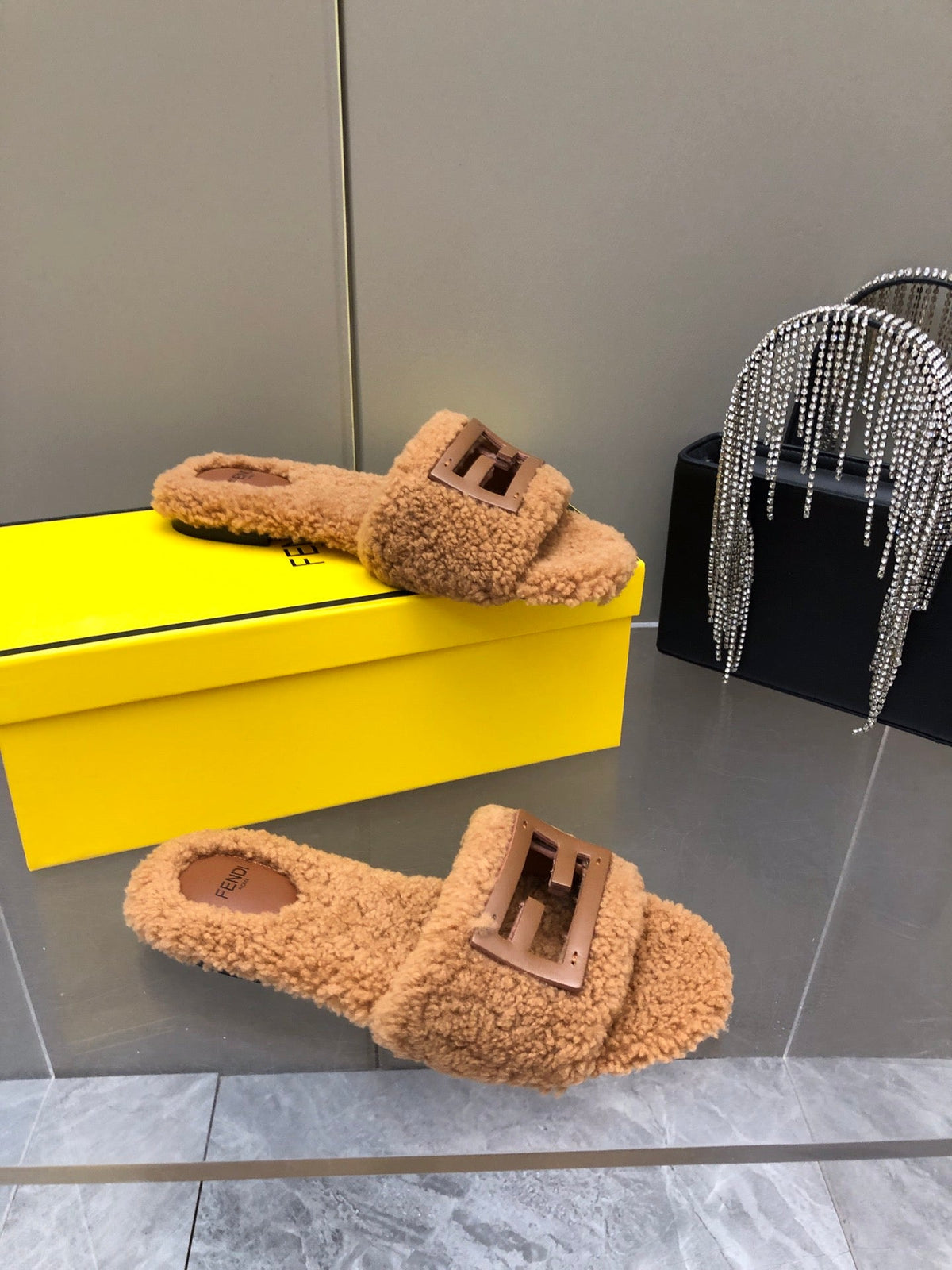 FENDI BAGUETTE SLIDE SLIPPERS IN CINNAMON BROWN WOOL