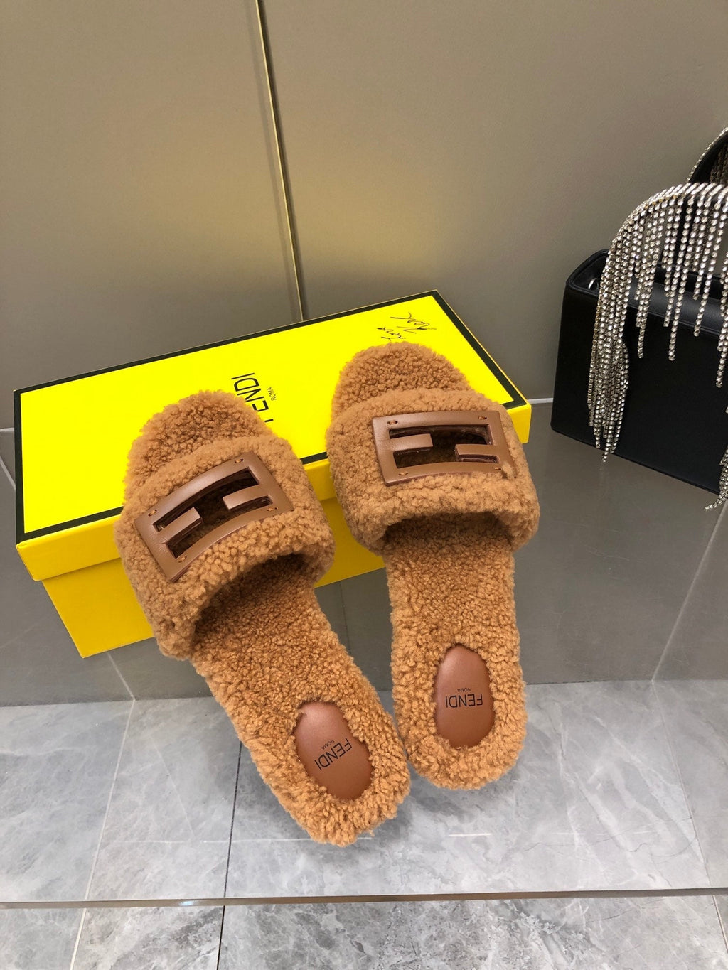FENDI BAGUETTE SLIDE SLIPPERS IN CINNAMON BROWN WOOL
