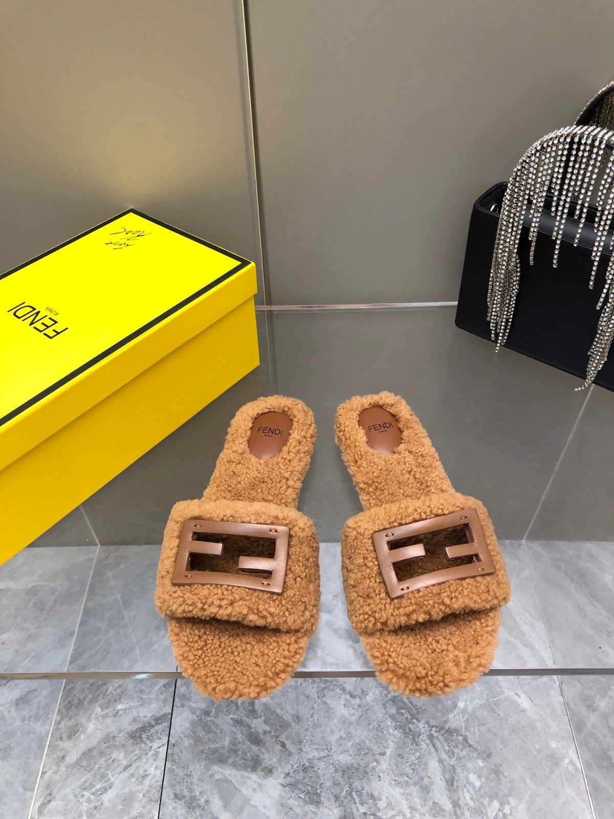 FENDI BAGUETTE SLIDE SLIPPERS IN CINNAMON BROWN WOOL