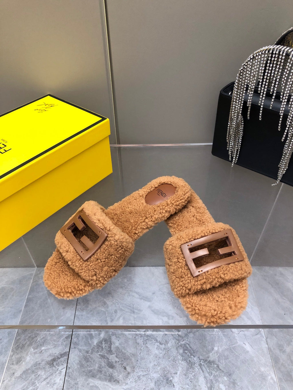 FENDI BAGUETTE SLIDE SLIPPERS IN CINNAMON BROWN WOOL