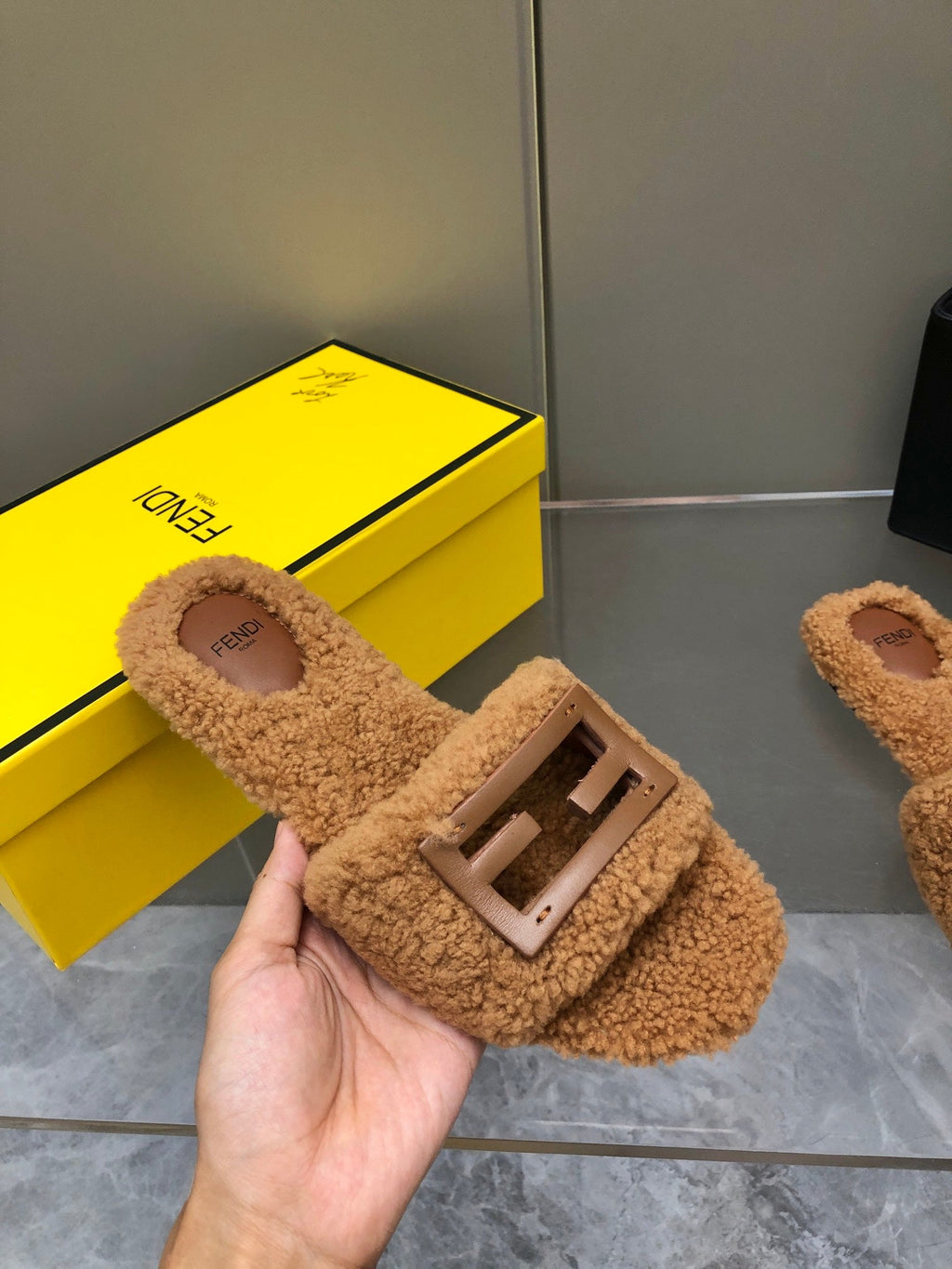 FENDI BAGUETTE SLIDE SLIPPERS IN CINNAMON BROWN WOOL