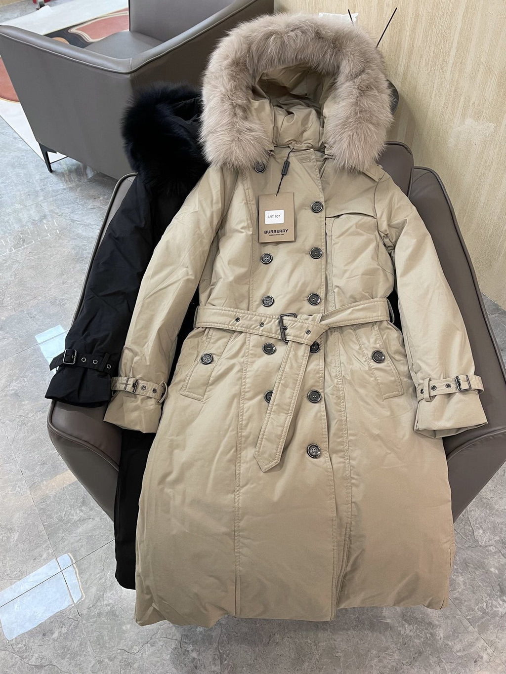 Burberry Fur-Trim Hooded Long Down Jacket