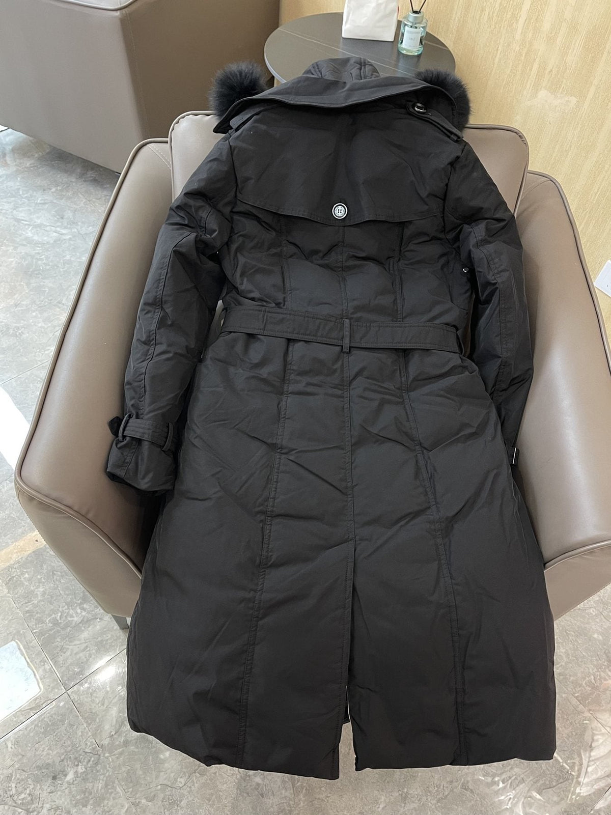 Burberry Fox Fur-Trim Belted Long Down Jacket