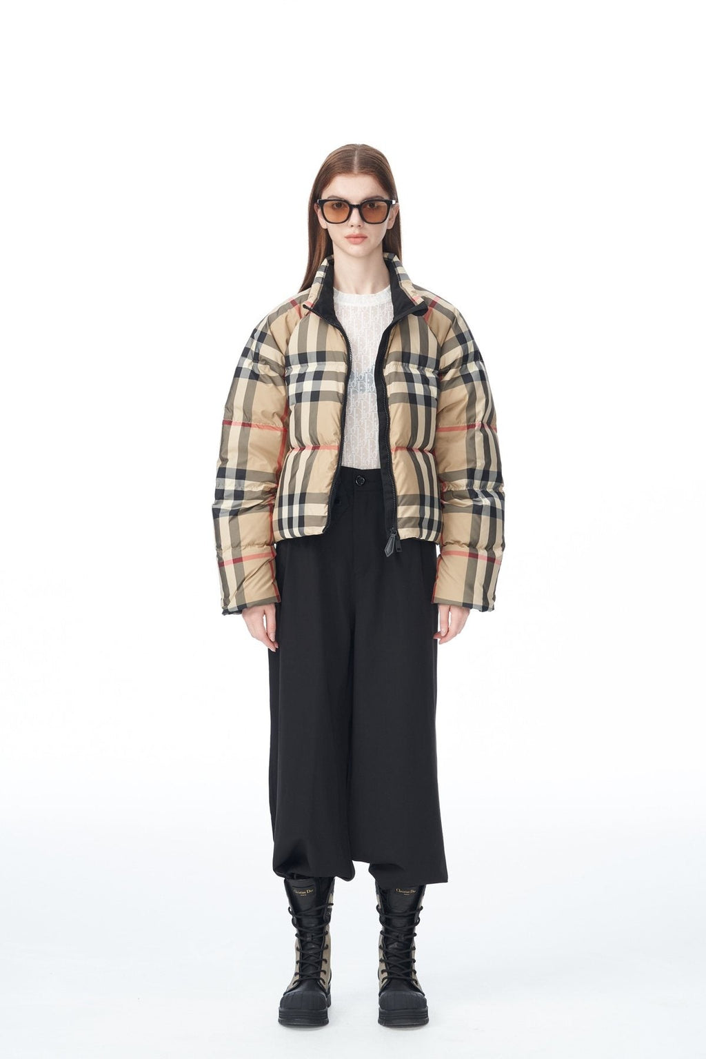 Burberry Beige and Navy Check Short Puffer Jacket