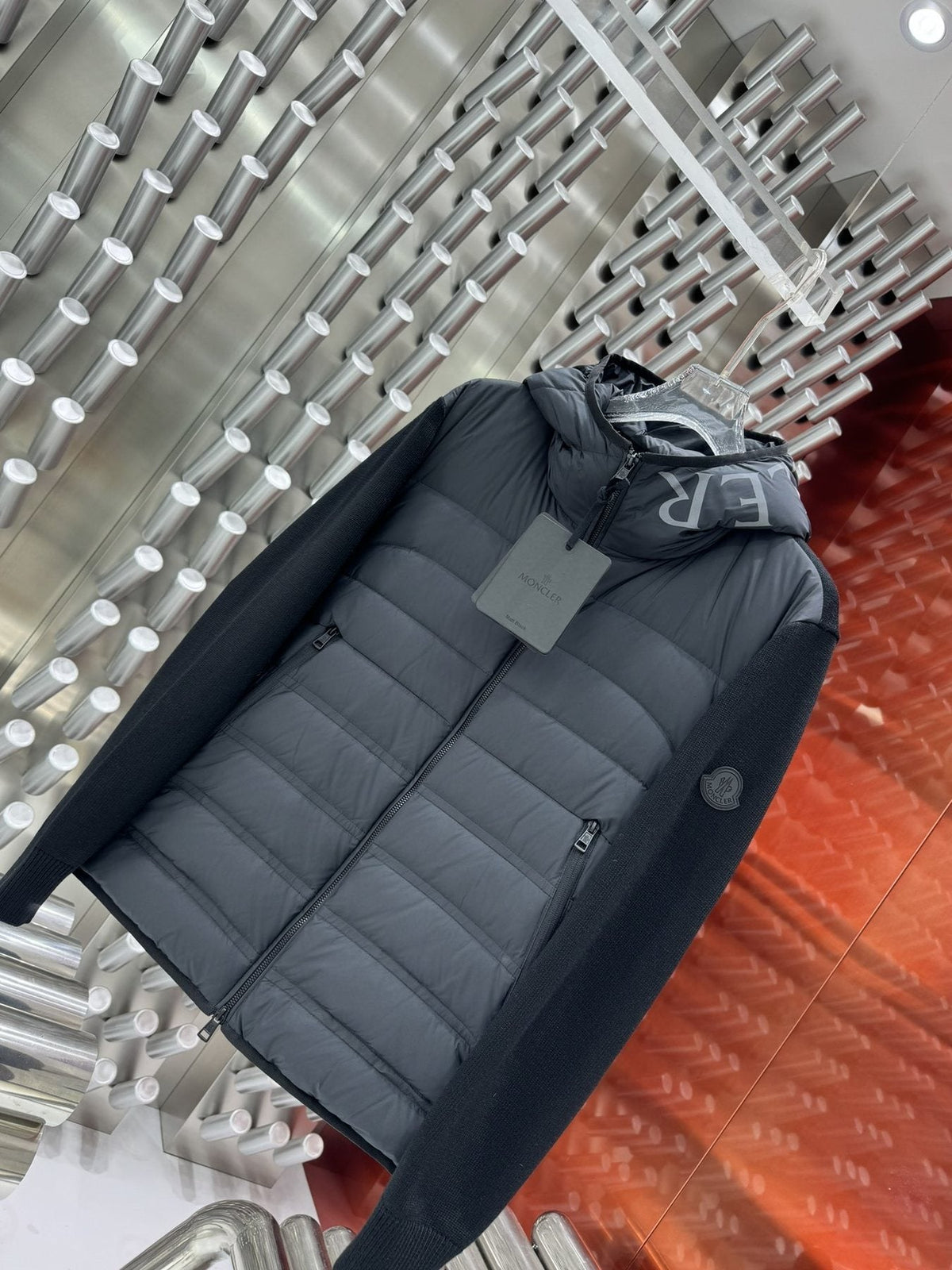 Moncler Grey Quilted Knit-Sleeve Hooded Puffer Jacket