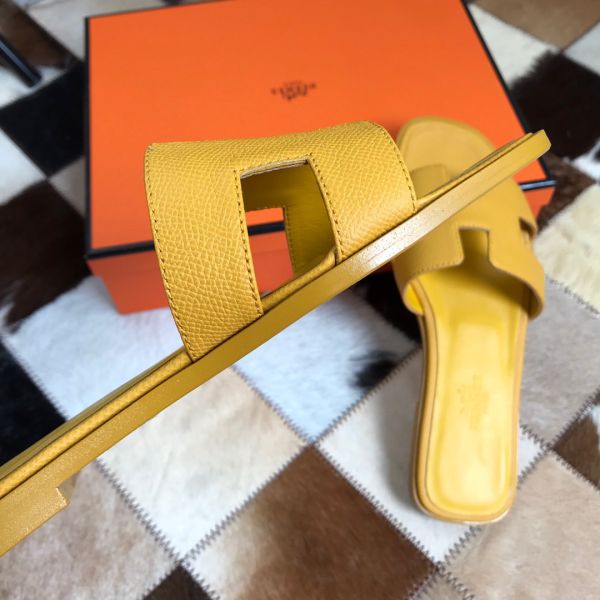 HERM Oran Slide Sandals In Yellow Epsom Calfskin