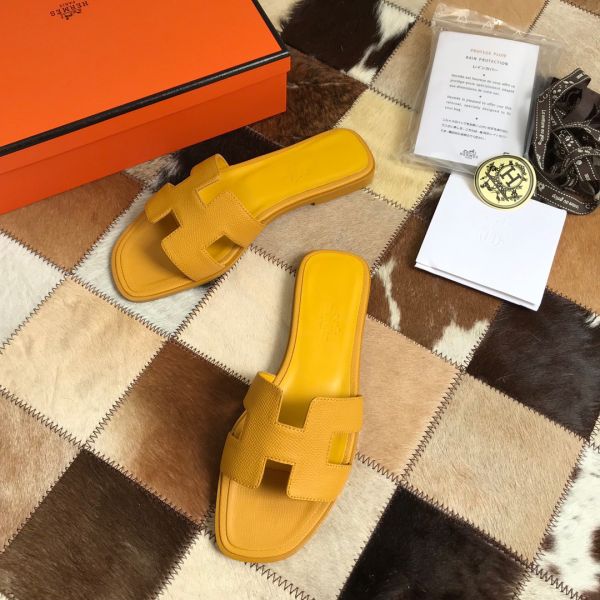HERM Oran Slide Sandals In Yellow Epsom Calfskin