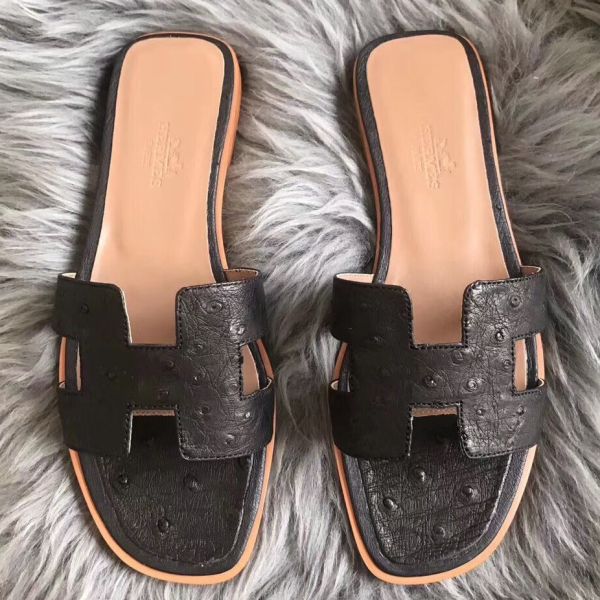 HERM Oran Sandals In Black Ostrich Leather