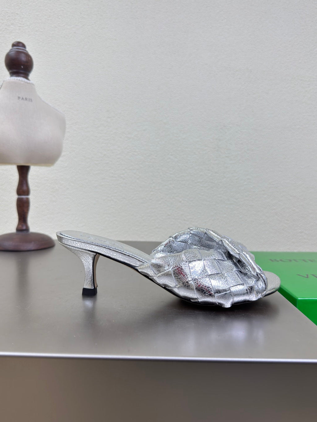 BLINK HIGH 5 CM MULE IN SILVER INTRECCIATO LEATHER