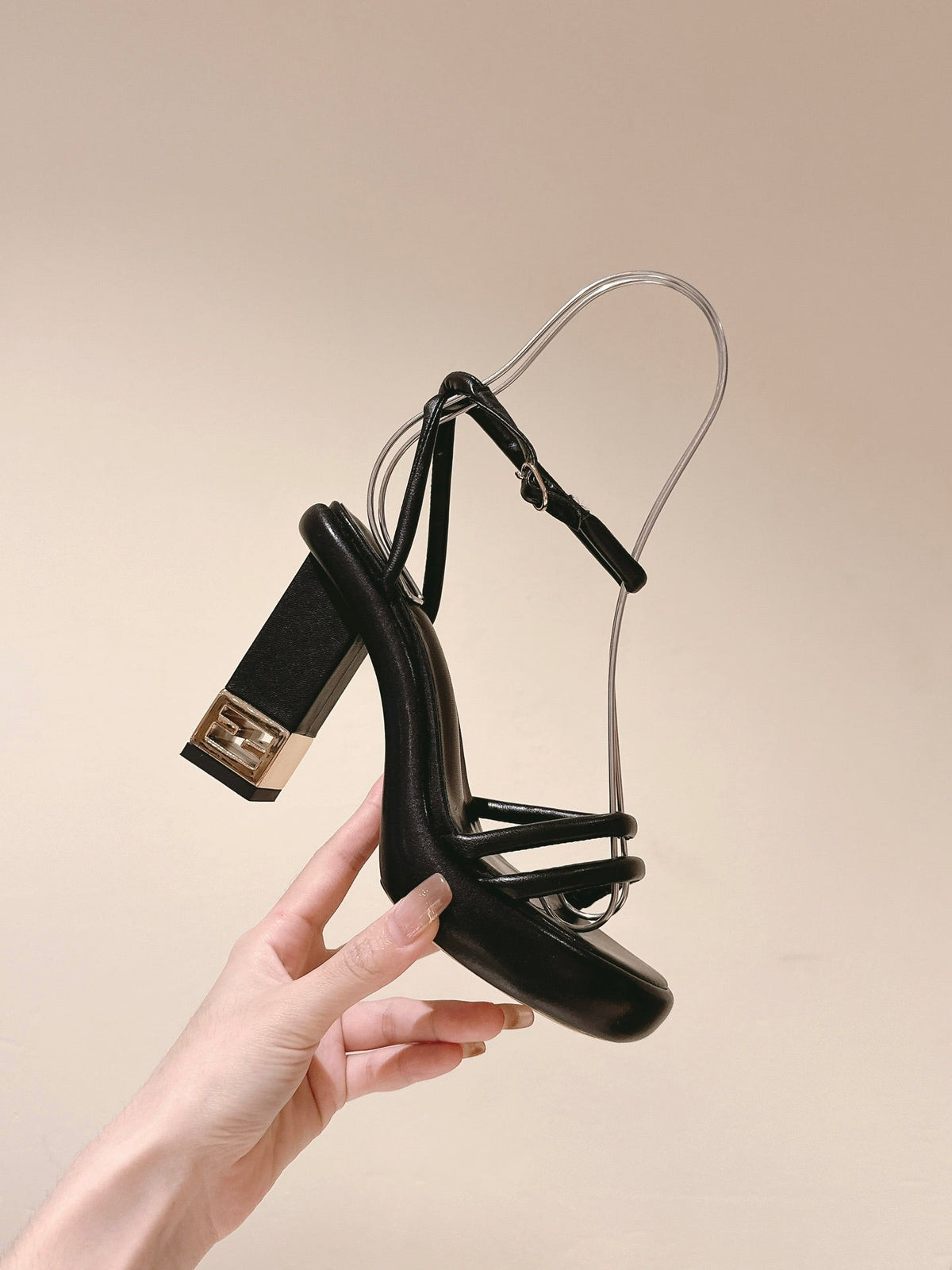 FENDI BAGUETTE HIGH HEELS 85MM IN BLACK LAMBSKIN WITH GOLD HARDWARE