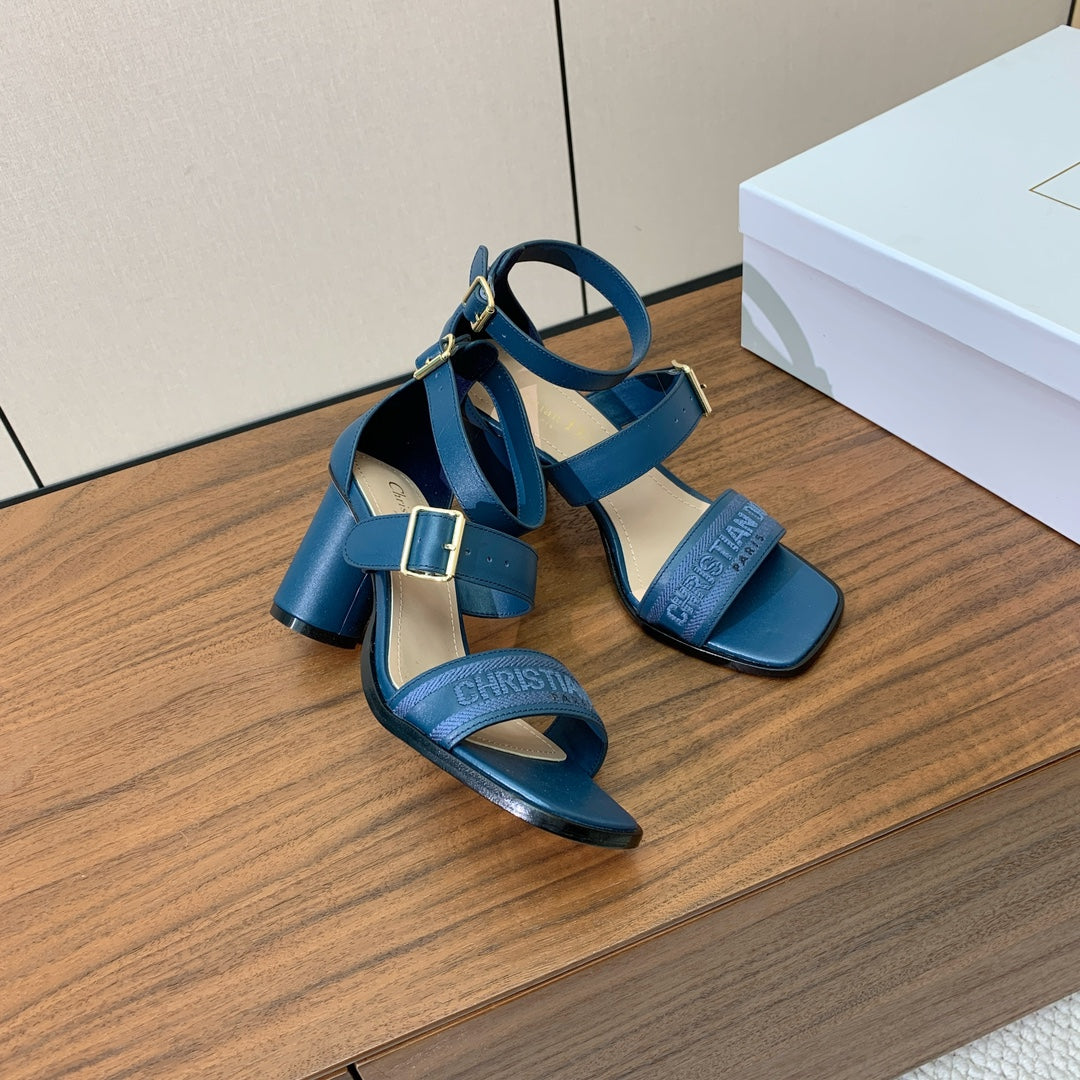 THREE-STRAP HIGH-HEELED EMBROIDERED SANDALS NAVY BLUE