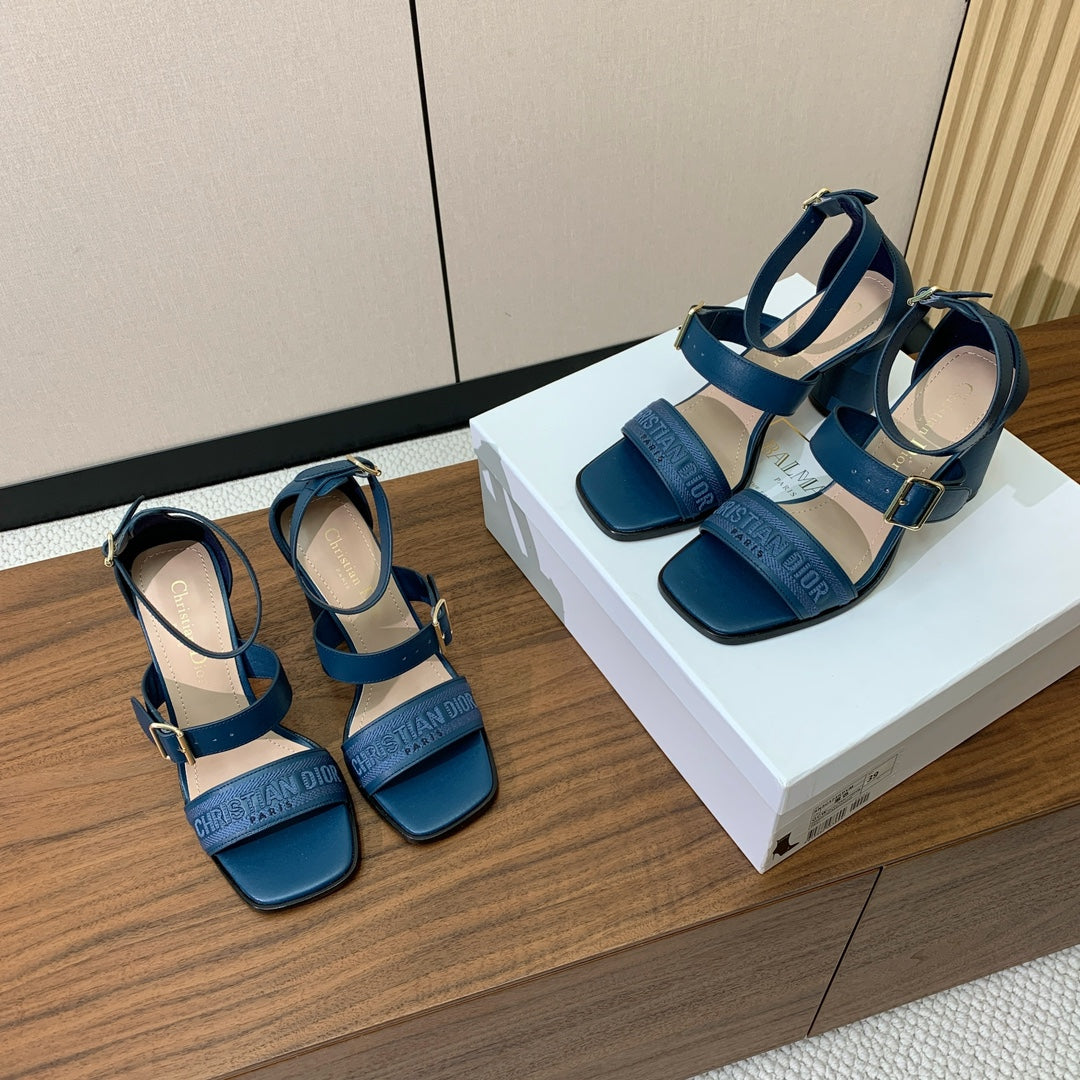 THREE-STRAP HIGH-HEELED EMBROIDERED SANDALS NAVY BLUE