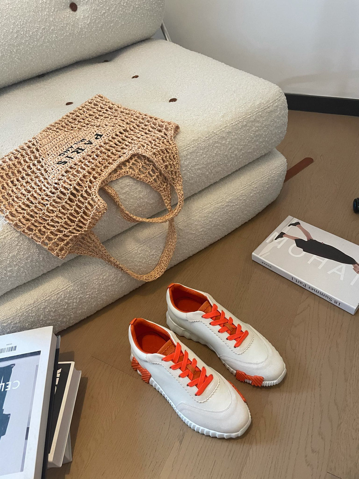 BOUNCING SNEAKERS WHITE CALFSKIN WITH ORANGE LACES