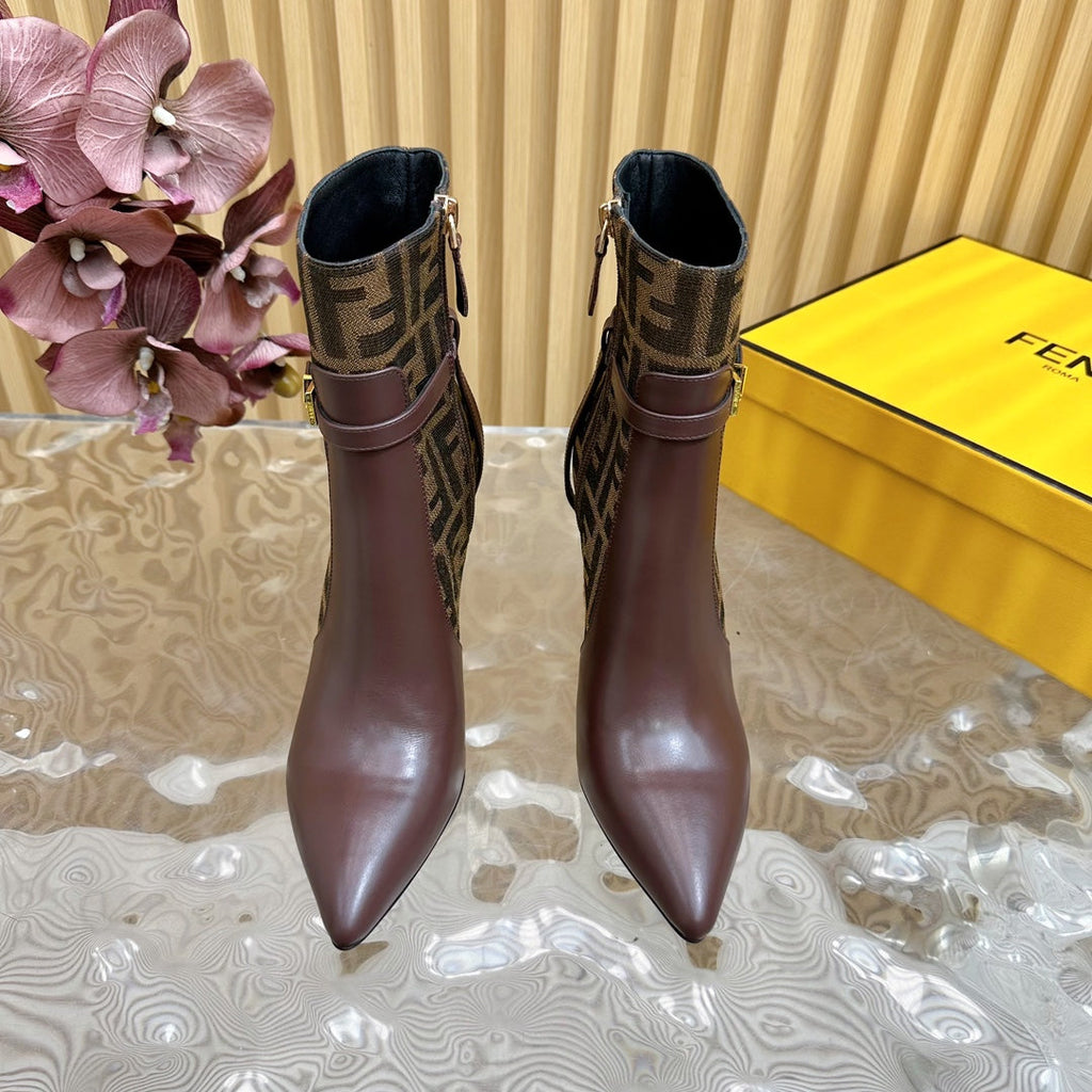FF BOOTIES BOOTS IN SANGRIA PURPLE CALFSKIN AND MONOGRAM FF FABRIC