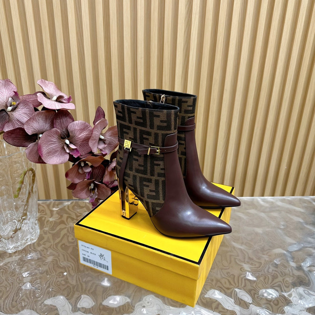 FF BOOTIES BOOTS IN SANGRIA PURPLE CALFSKIN AND MONOGRAM FF FABRIC