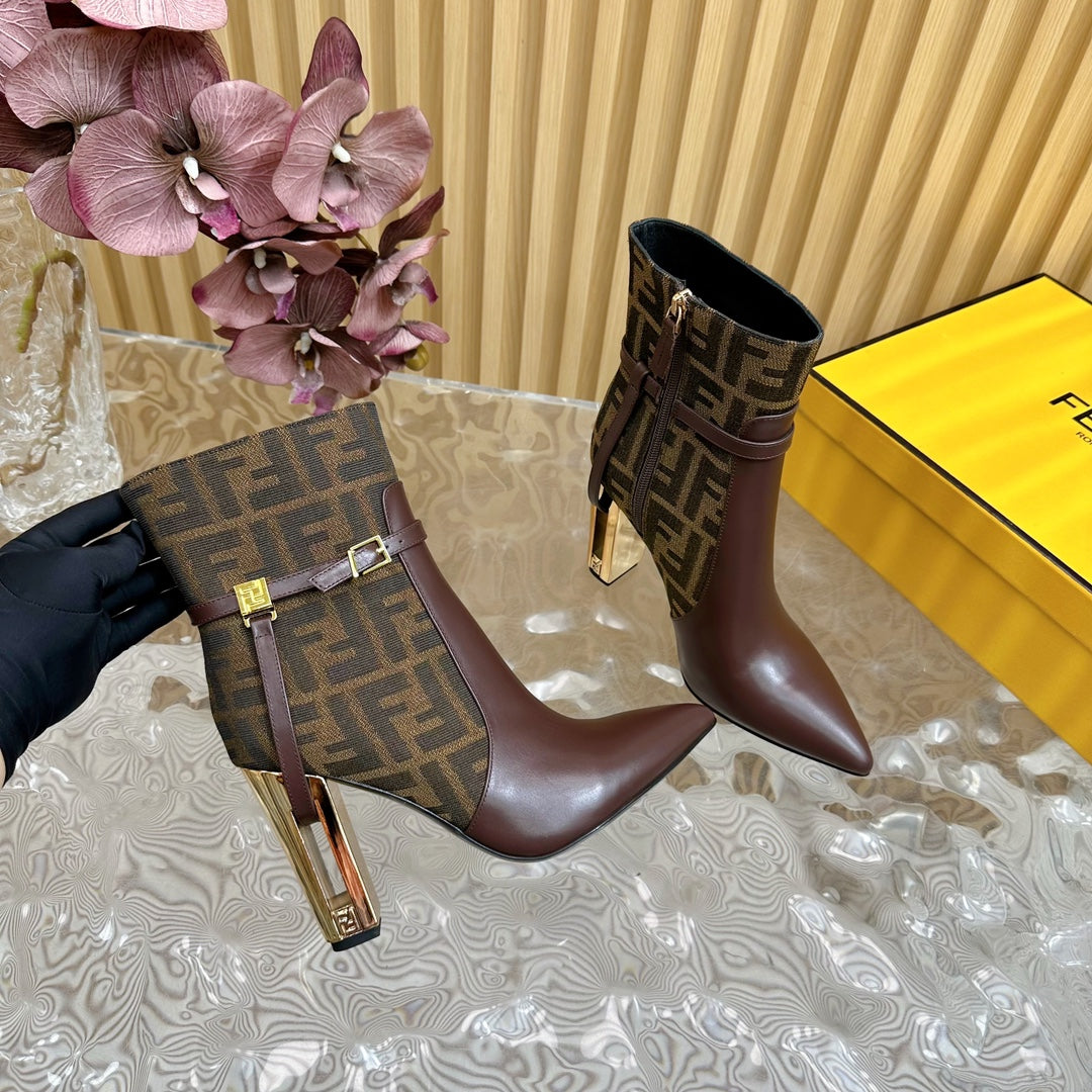 FF BOOTIES BOOTS IN SANGRIA PURPLE CALFSKIN AND MONOGRAM FF FABRIC