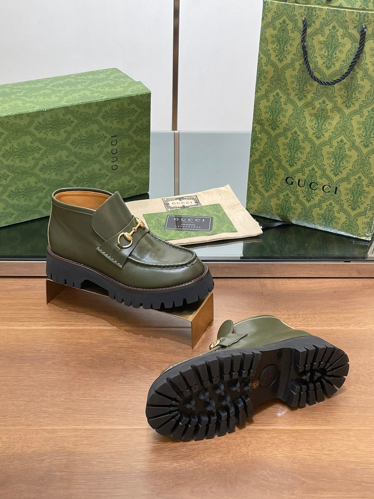 HORSEBIT ANKLE BOOTS 4.5CM IN ARMY GREEN CALFSKIN
