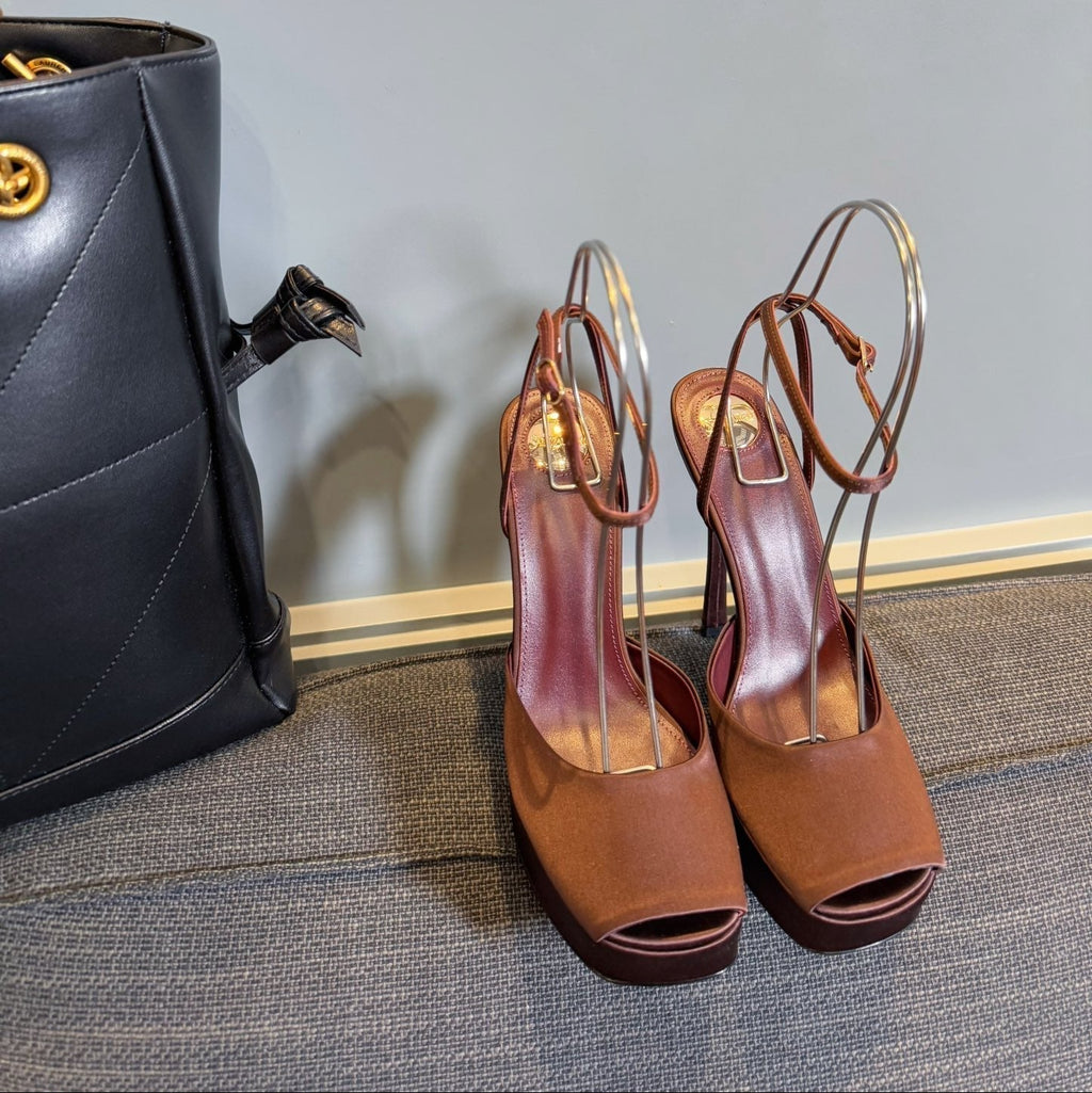 LA SCANDALE PLATFORM SANDALS IN DARK CAPPUCCINO SATIN