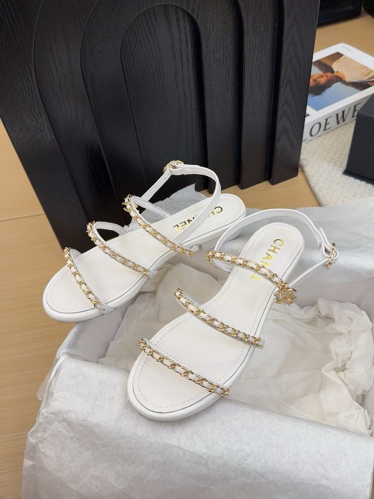 THREE-STRAPS SANDALS IN WHITE CALFSKIN WITH GOLD HARDWARE