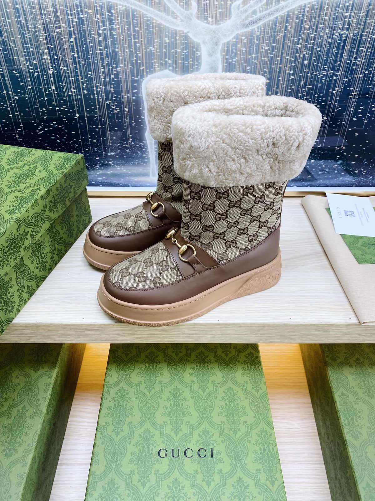 HORSEBIT ANKLE BOOTS WITH MERINO TRIM IN BEIGE JACQUARD FABRIC MIX BROWN CALFSKIN