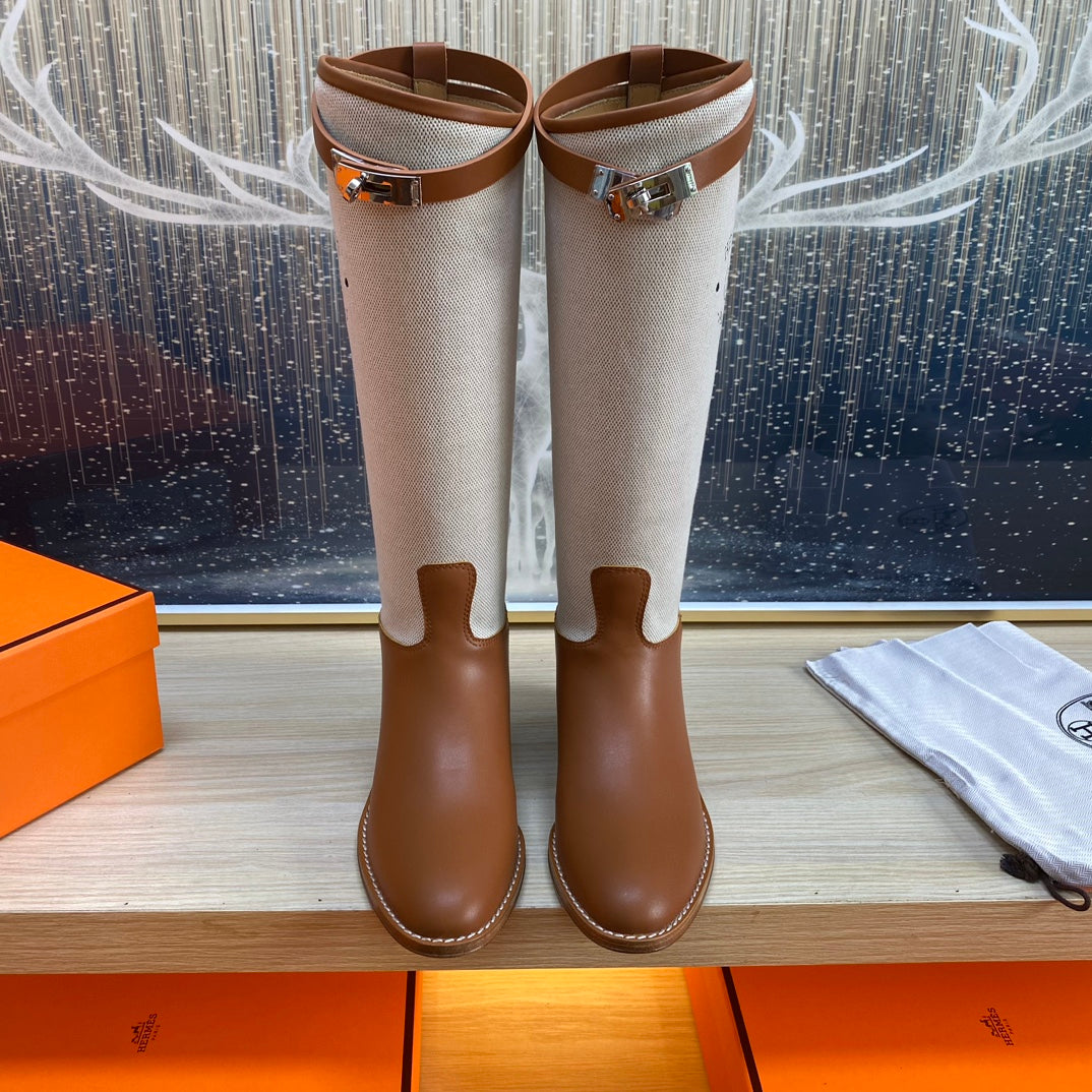 KNEE HIGH BOOTS IN BRONZE BROWN CALFSKIN AND WHITE FABRIC