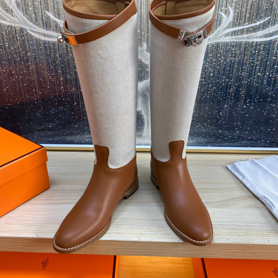 KNEE HIGH BOOTS IN BRONZE BROWN CALFSKIN AND WHITE FABRIC
