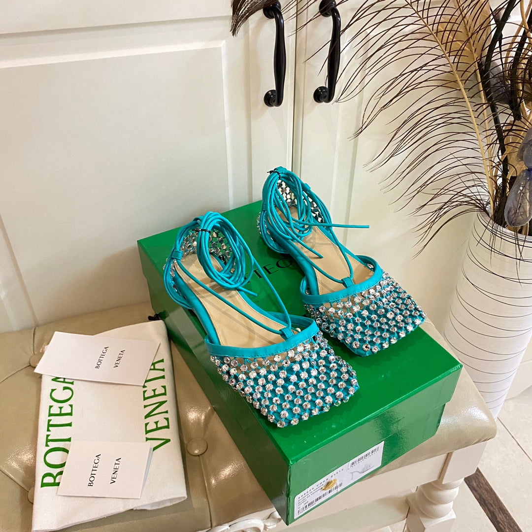 LACE-UP FLAT SANDAL IN CERULEAN BLUE METALLIZED MESH AND LEATHER WITH RHINSTONES