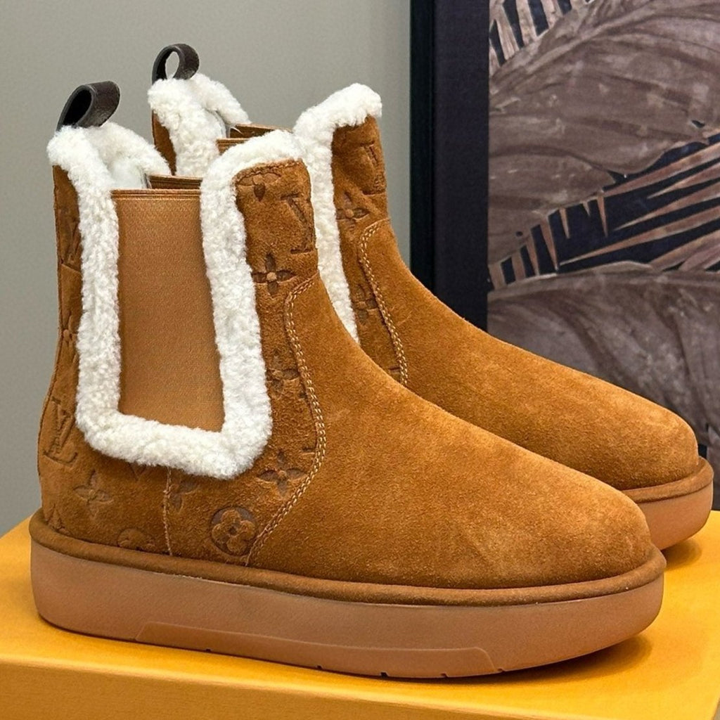 ASPEN CHELSEA ANKLE BOOTS IN BRONZE BROWN MONOGRAM-DEBOSSED SUEDE