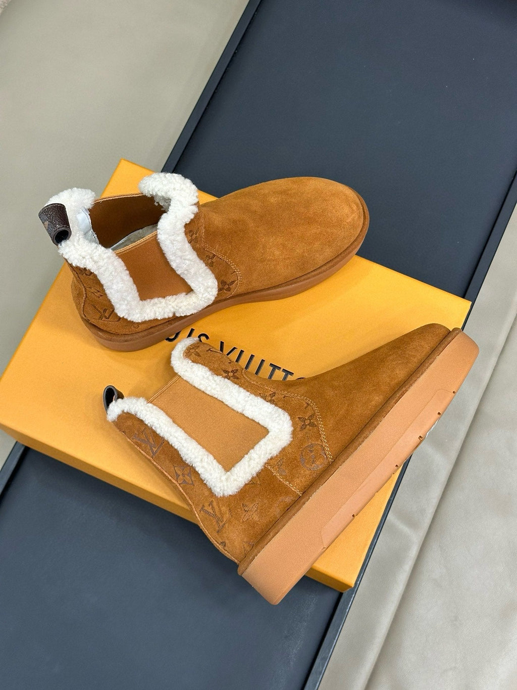 ASPEN CHELSEA ANKLE BOOTS IN BRONZE BROWN MONOGRAM-DEBOSSED SUEDE