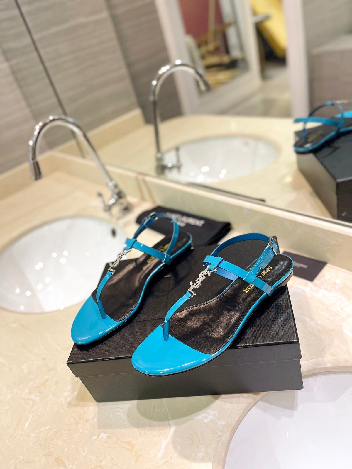 SL CASSANDRA SANDALS CERULEAN POLISHED CALFSKIN