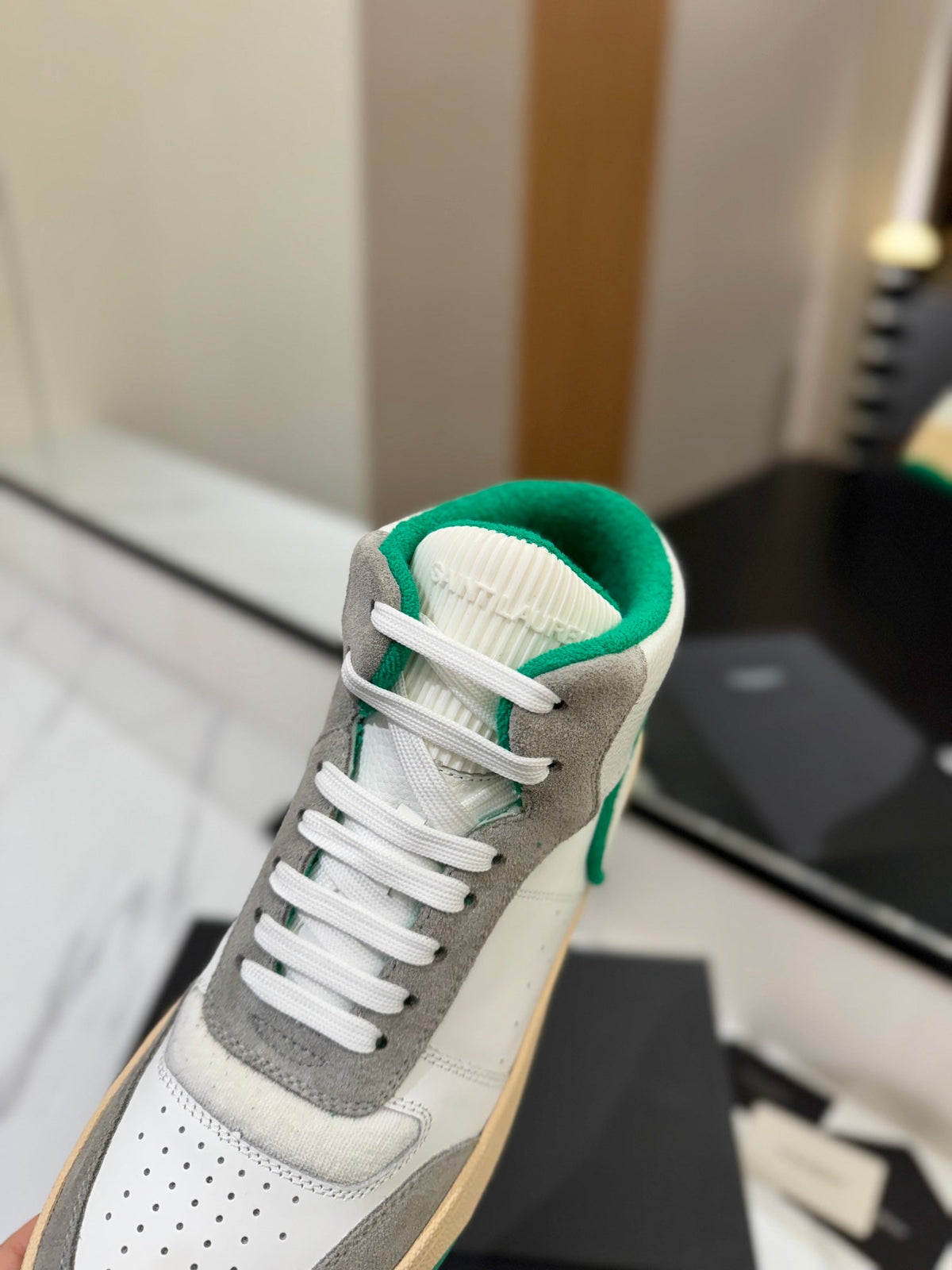MID-TOP SNEAKERS IN WHITE PERFORATED LAMBSKIN AND GRAY SUEDE